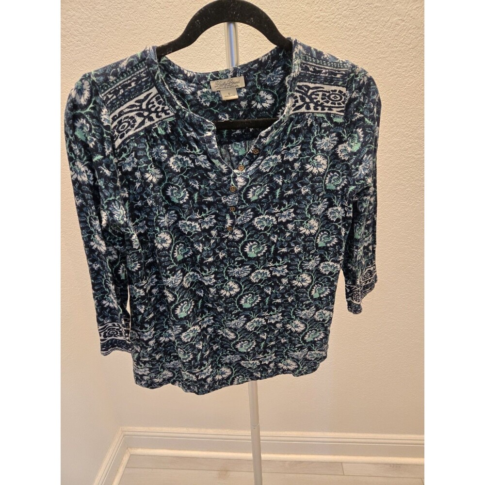 Lucky Brand Small Floral Paisley Henley 3/4 Sleeve Women Blue Cotton Knit Top